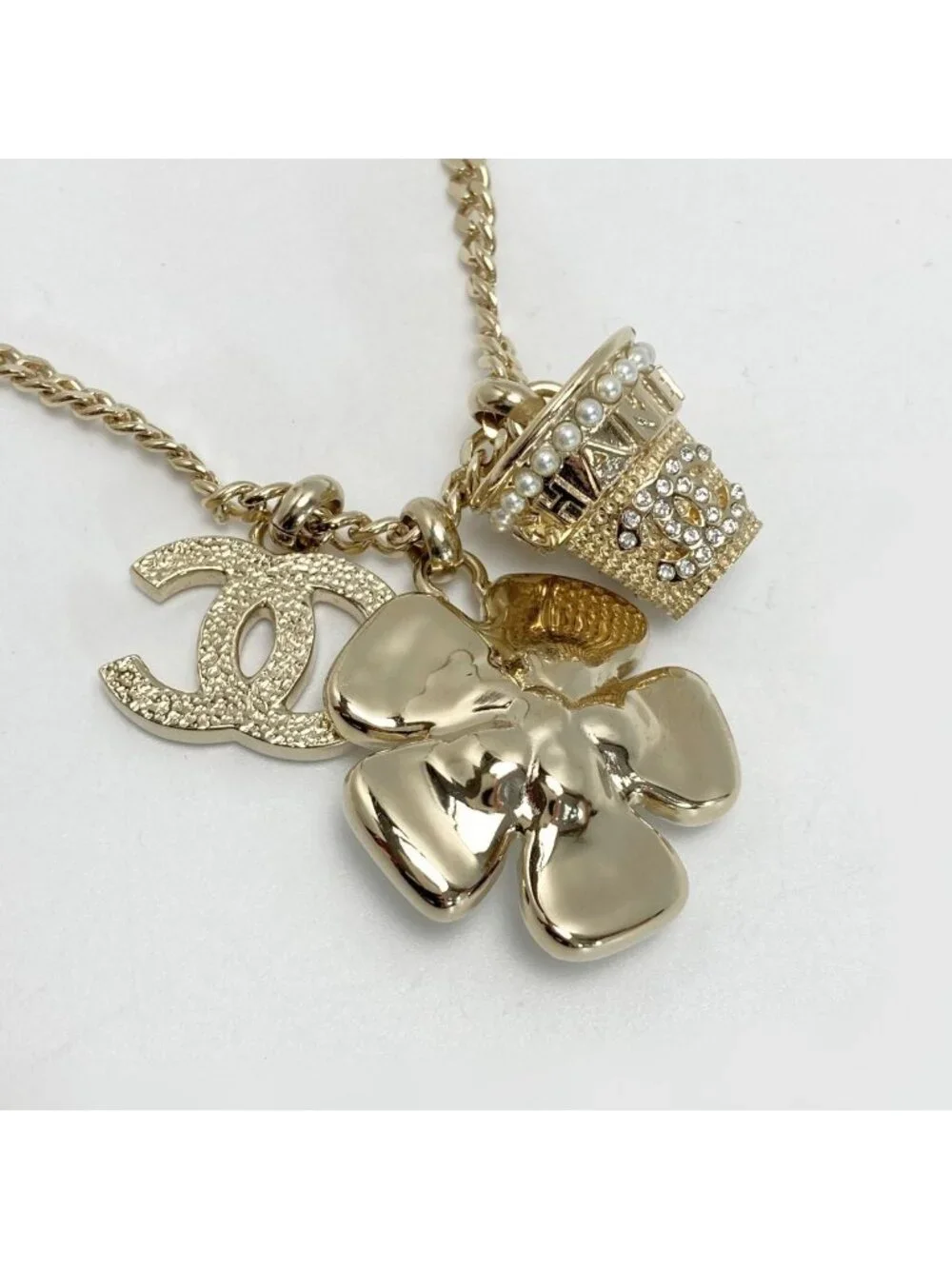 Chanel Coco Mark Flower Necklace B23 S Gold GP Rhinestone Faux Pearl